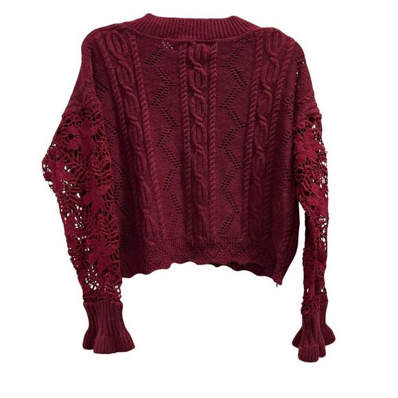 Burgundy red Whimsigoth festival lace sleeve cable knit oversized sweater Sz S - Picture 7 of 9